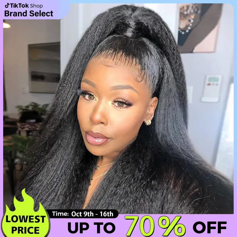UP TO 70%OFF🔥Pre-Cut Lace Kinky Straight 360 Full Lace Frontal Glueless Wig With Invisi Drawstring Pre Plucked Human Hair Wig